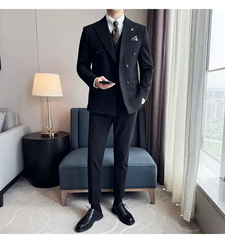 (Jacket+Vest+Pant) Autumn Winter Thickened Woolen Suit  New High Quality Slim Business Tuxedo Fashion Wedding Social Suits