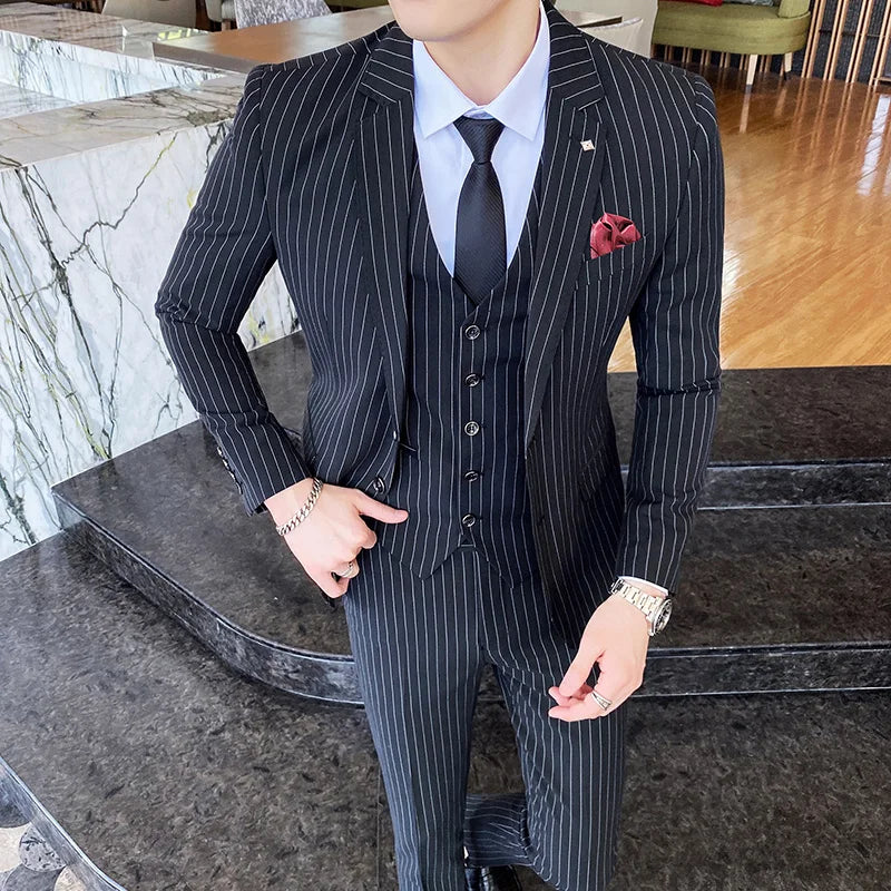 ( Jacket + Vest + Pants ) Prom Groom Tuxedos Latest Designs Male Wedding Suits 3Pcs Set Men's striped casual business suit