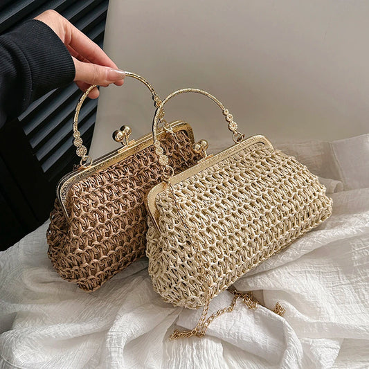 hand made bags Women Exquisite Evening Bag Gold Chain Party Banquet Purse Hand Woven Straw Handbag Female Clutch Bag Shoulder Crossbody Bags