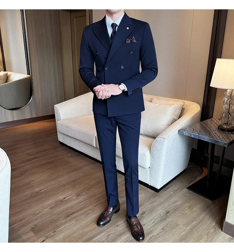 (Jacket + Trousers) Fashion Double Breasted Design Slim Men's Suit Italian Style Luxury Wedding Social Party Tuxedo 2 Piece Sets