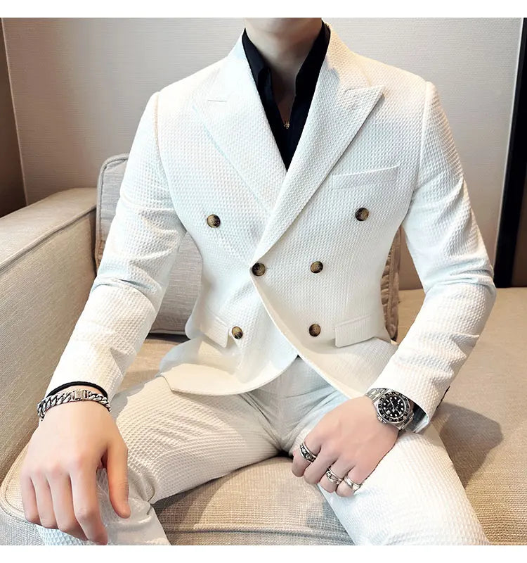 ( Jacket + Pant )Double-breasted Waffle Business Suit Men Wedding Prom Party Blazers and Trouser Homme Slim Fit Tuxedo Dress Set