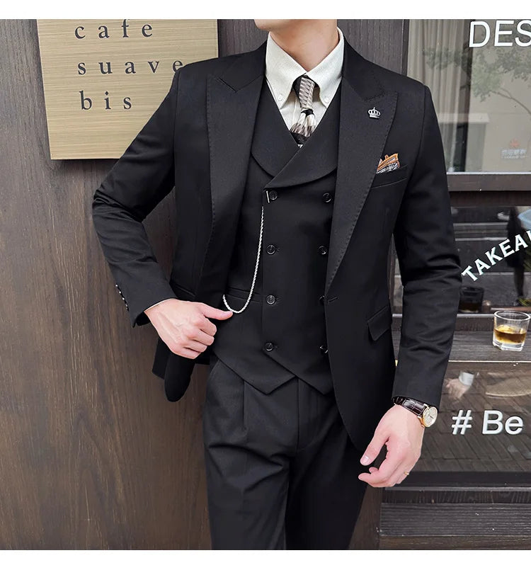 (Jackets+Pants+Vest) High Quality Men Slim Fit Party Tuxedos 3 Pieces Fashion Double Breasted Vest Design Wedding Social Suit