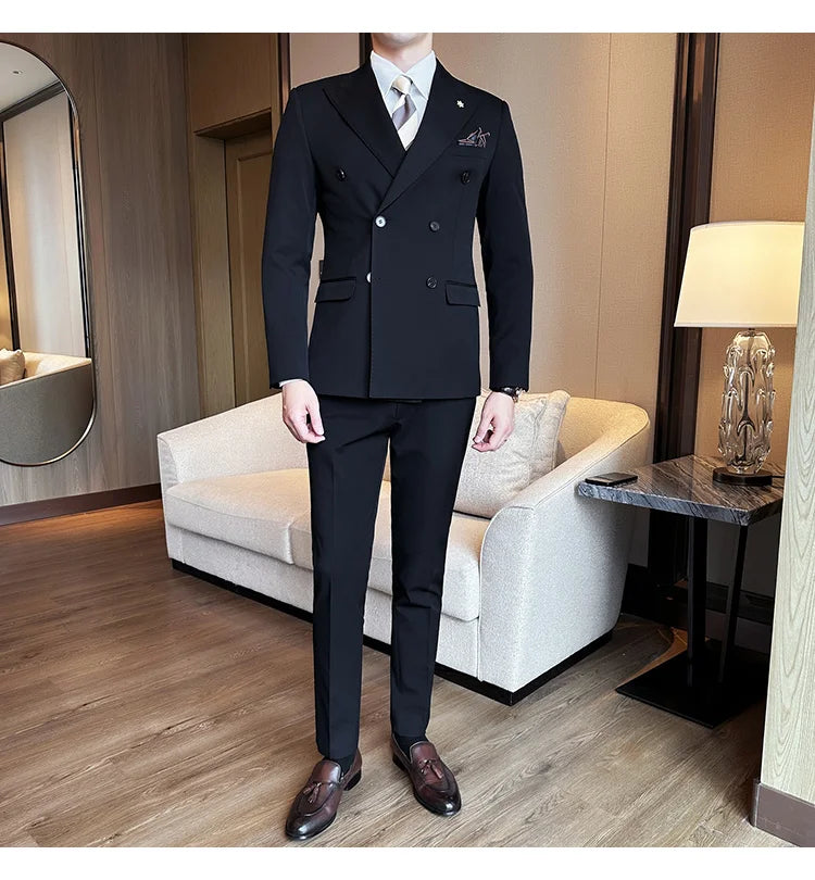 (Jacket + Trousers) Fashion Double Breasted Design Slim Men's Suit Italian Style Luxury Wedding Social Party Tuxedo 2 Piece Sets