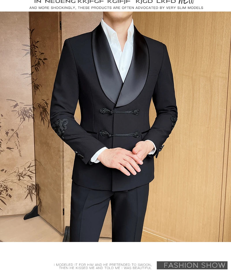 (Jacket+Pants) Vintage Luxury Chinese Style Marriage Suit Fashion High-end Slim Fit Groom Wedding Tuxedo Mens Suit 2 Piece Set