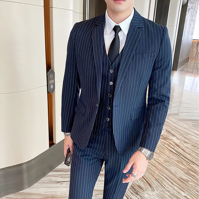 ( Jacket + Vest + Pants ) Prom Groom Tuxedos Latest Designs Male Wedding Suits 3Pcs Set Men's striped casual business suit