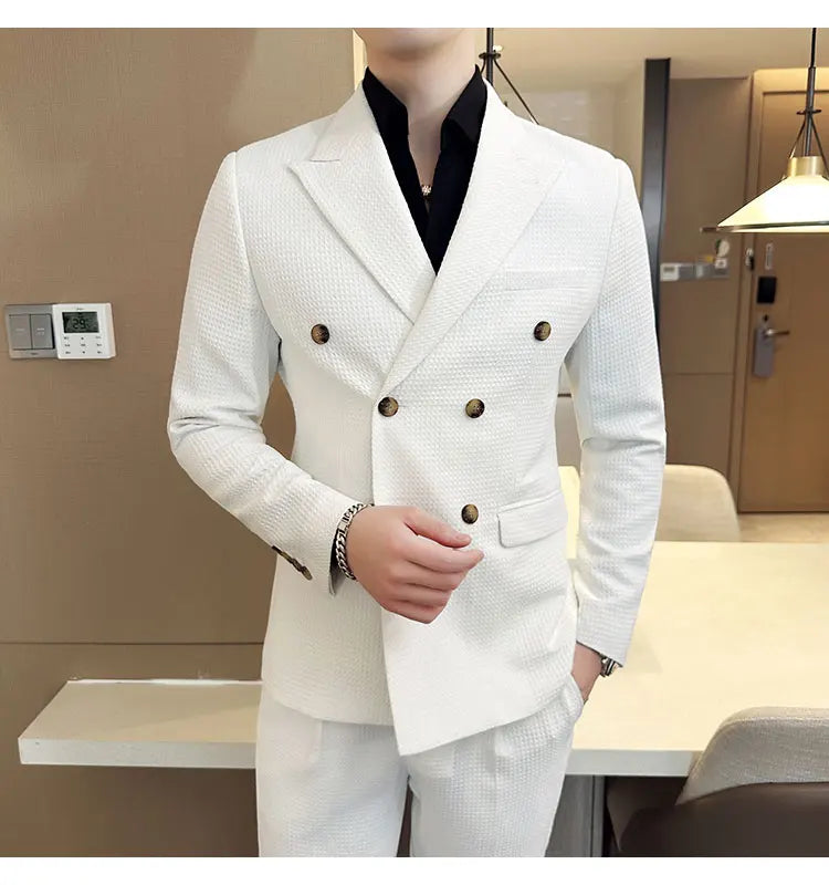 ( Jacket + Pant )Double-breasted Waffle Business Suit Men Wedding Prom Party Blazers and Trouser Homme Slim Fit Tuxedo Dress Set