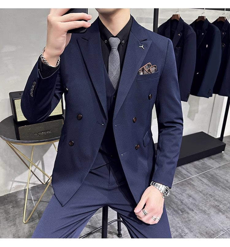 in black Fashion New Men's Boutique Business Slim Wedding Striped Double Breasted Suit Blazers Jacket Pants Trousers Vest 3 Pcs Set