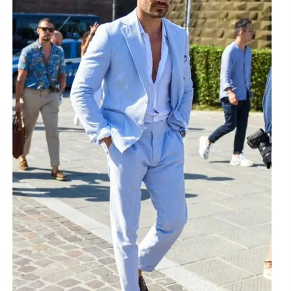 2 Pieces Sky Blue Men Suits Seersucker  Suits Notched Lapel Summer Leisure Beach Jacket+Pant  Groom Wedding Tuxedos