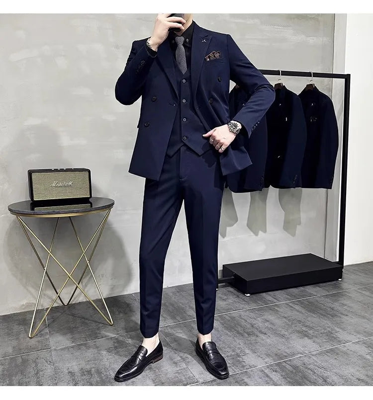 in black Fashion New Men's Boutique Business Slim Wedding Striped Double Breasted Suit Blazers Jacket Pants Trousers Vest 3 Pcs Set