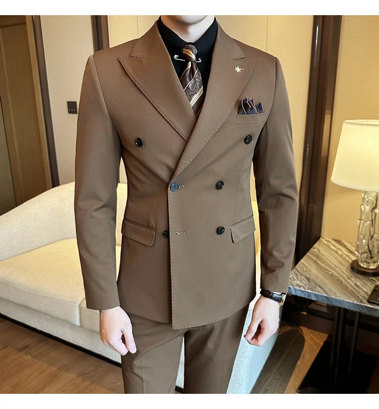 (Jacket + Trousers) Fashion Double Breasted Design Slim Men's Suit Italian Style Luxury Wedding Social Party Tuxedo 2 Piece Sets