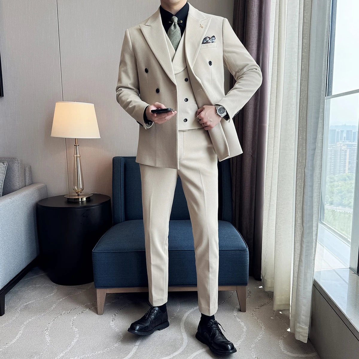 (Jacket+Vest+Pant) Autumn Winter Thickened Woolen Suit  New High Quality Slim Business Tuxedo Fashion Wedding Social Suits