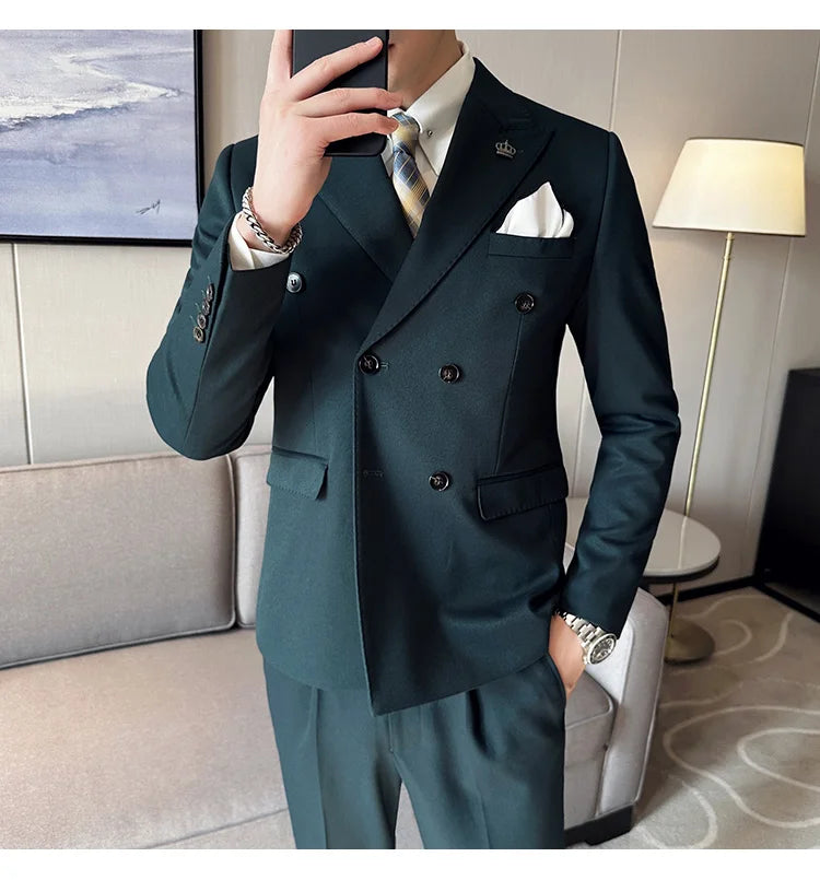 (Jackets+Pant) Latest Design Double Breasted Men Suit Dark green Groom Wedding Stage Tuxedo Man Slim Fit Business Social Suits