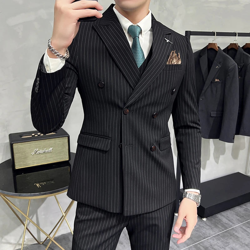 in black Fashion New Men's Boutique Business Slim Wedding Striped Double Breasted Suit Blazers Jacket Pants Trousers Vest 3 Pcs Set