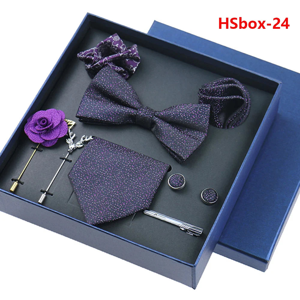 Set Bussiness Blue Ties For Mans Floral Brooches Pin Cufflinks Tie Clips Butterfly Bowtie Wedding Accessori Gift Box Set