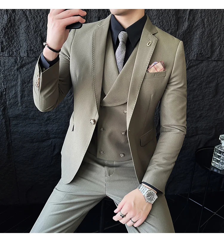 (Jackets+Pants+Vest) High Quality Men Slim Fit Party Tuxedos 3 Pieces Fashion Double Breasted Vest Design Business Wedding Suit