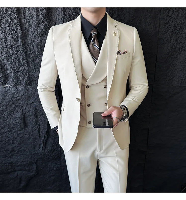 (Jackets+Pants+Vest) High Quality Men Slim Fit Party Tuxedos 3 Pieces Fashion Double Breasted Vest Design Business Wedding Suit