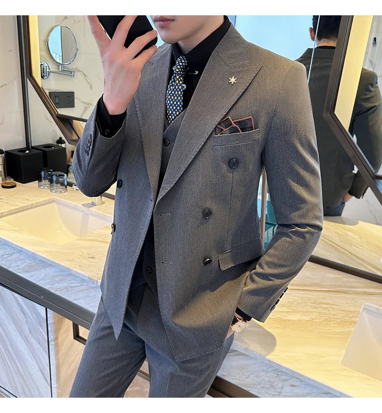 (Jacket + Trousers) Fashion Double Breasted Design Slim Men's Suit Italian Style Luxury Wedding Social Party Tuxedo 2 Piece Sets