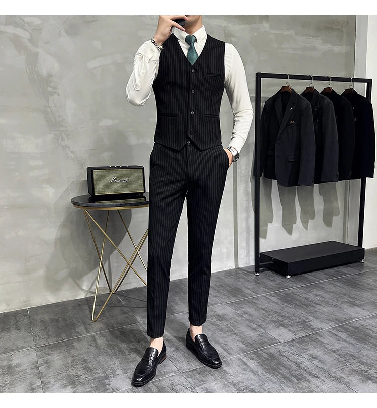 in black Fashion New Men's Boutique Business Slim Wedding Striped Double Breasted Suit Blazers Jacket Pants Trousers Vest 3 Pcs Set