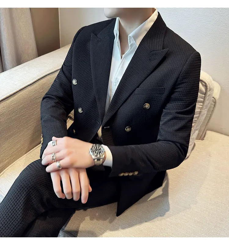 ( Jacket + Pant )Double-breasted Waffle Business Suit Men Wedding Prom Party Blazers and Trouser Homme Slim Fit Tuxedo Dress Set