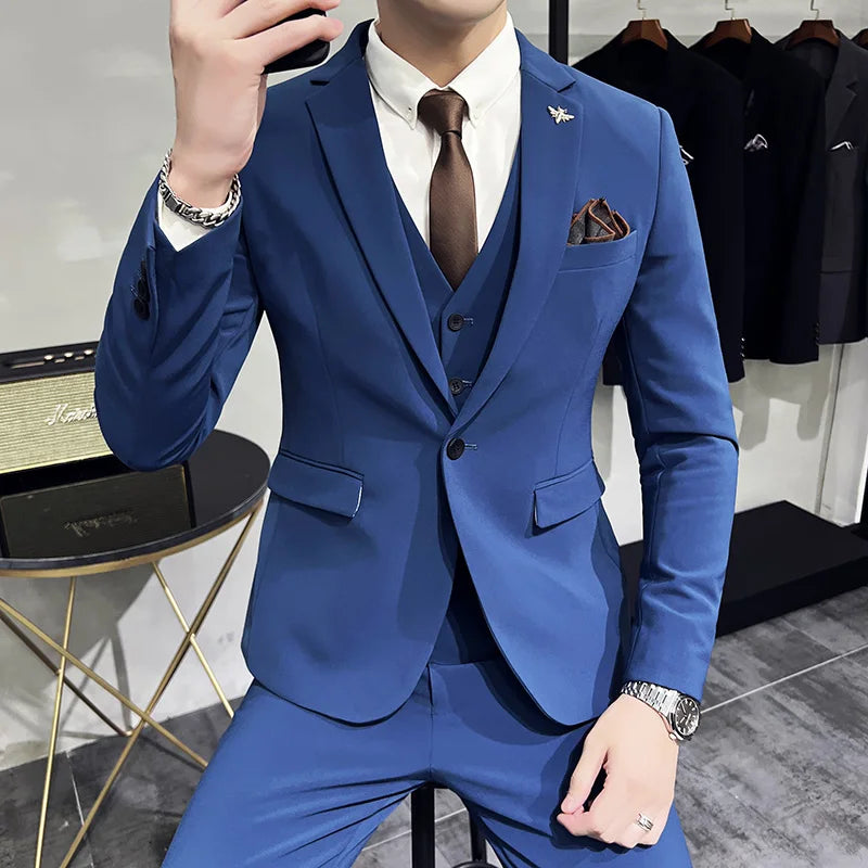 (Jacket +Vest+Pants) 2024 New Mens Wedding Suits Groom Solid Color Formal Office Business Slim Fit Suit Tuxedos 3-Pieces Set