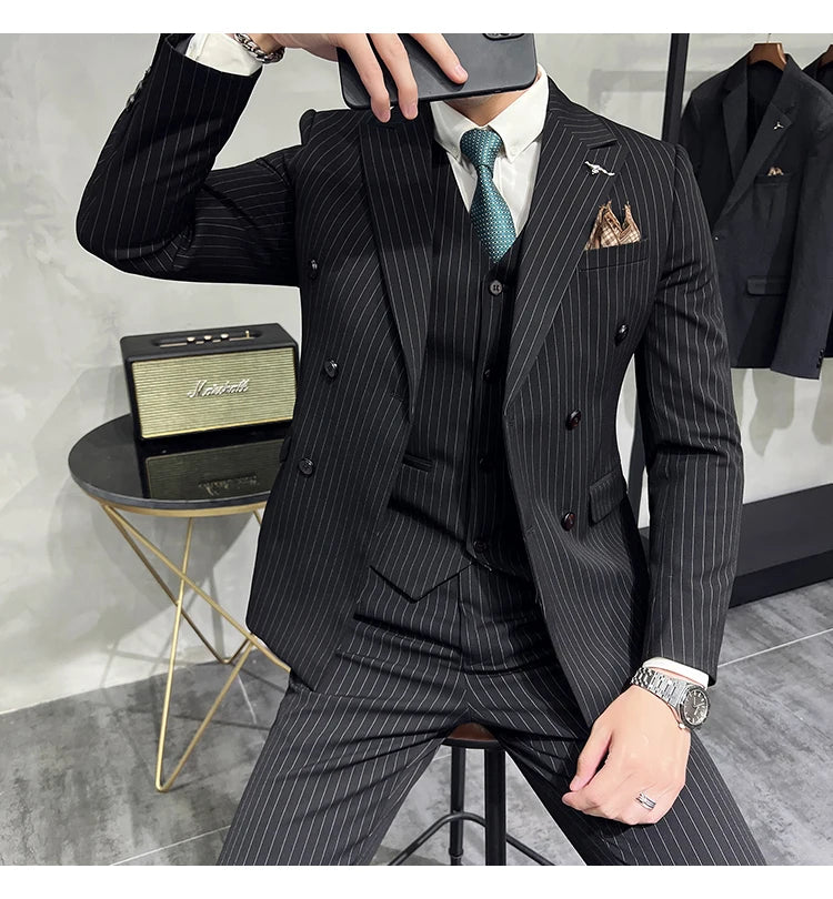 in black Fashion New Men's Boutique Business Slim Wedding Striped Double Breasted Suit Blazers Jacket Pants Trousers Vest 3 Pcs Set