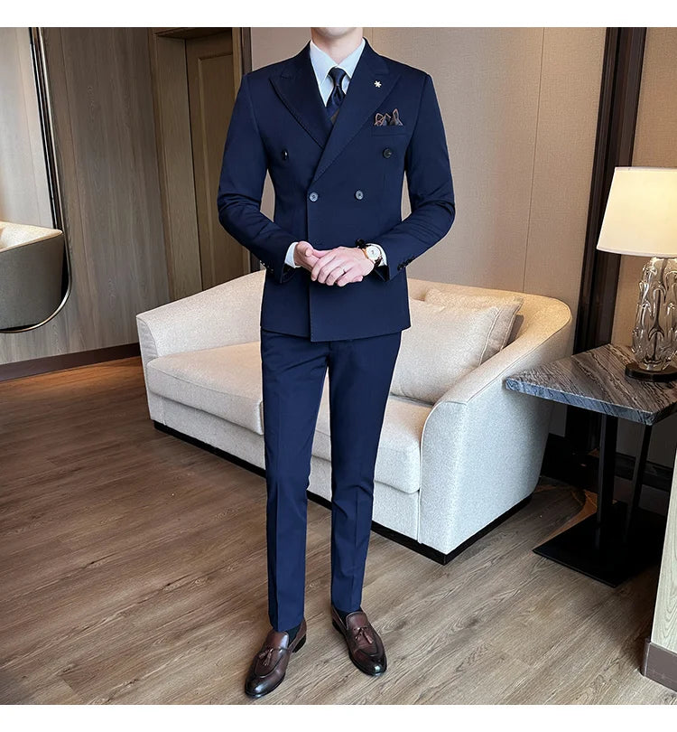 (Jacket + Trousers) Fashion Double Breasted Design Slim Men's Suit Italian Style Luxury Wedding Social Party Tuxedo 2 Piece Sets