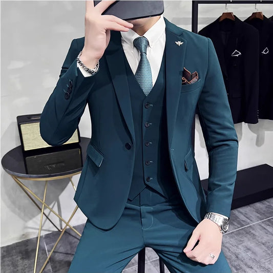 (Jacket +Vest+Pants) 2024 New Mens Wedding Suits Groom Solid Color Formal Office Business Slim Fit Suit Tuxedos 3-Pieces Set