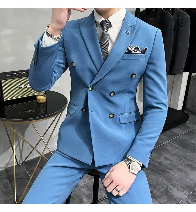 ( Jacket + Pants ) Brand Solid Color Formal Casual Business Office Double Buttons Suit Two-pcs Set Groom Wedding Dress Party