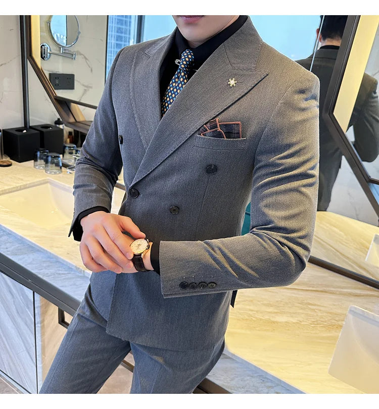 (Jacket + Trousers) Fashion Double Breasted Design Slim Men's Suit Italian Style Luxury Wedding Social Party Tuxedo 2 Piece Sets