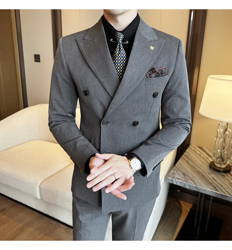 (Jacket + Trousers) Fashion Double Breasted Design Slim Men's Suit Italian Style Luxury Wedding Social Party Tuxedo 2 Piece Sets