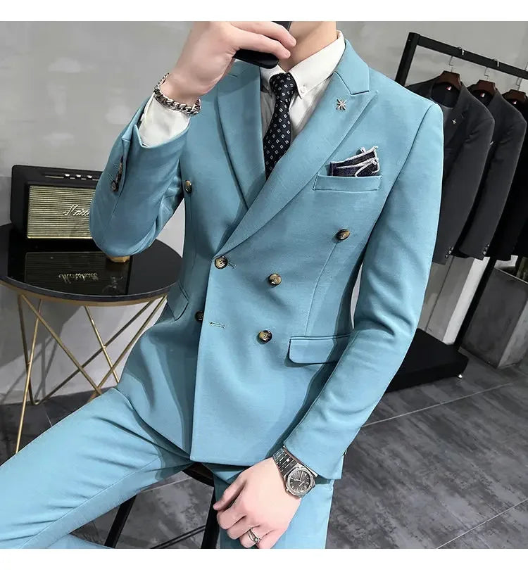 ( Jacket + Pants ) Brand Solid Color Formal Casual Business Office Double Buttons Suit Two-pcs Set Groom Wedding Dress Party