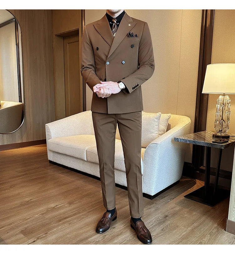 (Jacket + Trousers) Fashion Double Breasted Design Slim Men's Suit Italian Style Luxury Wedding Social Party Tuxedo 2 Piece Sets