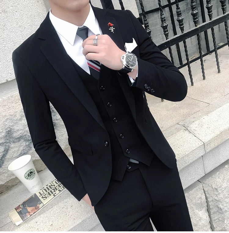 (Jacket +Vest+Pants) 2024 New Mens Wedding Suits Groom Solid Color Formal Office Business Slim Fit Suit Tuxedos 3-Pieces Set