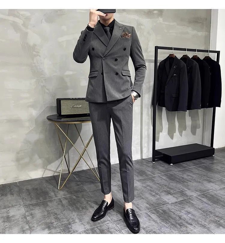 in black Fashion New Men's Boutique Business Slim Wedding Striped Double Breasted Suit Blazers Jacket Pants Trousers Vest 3 Pcs Set