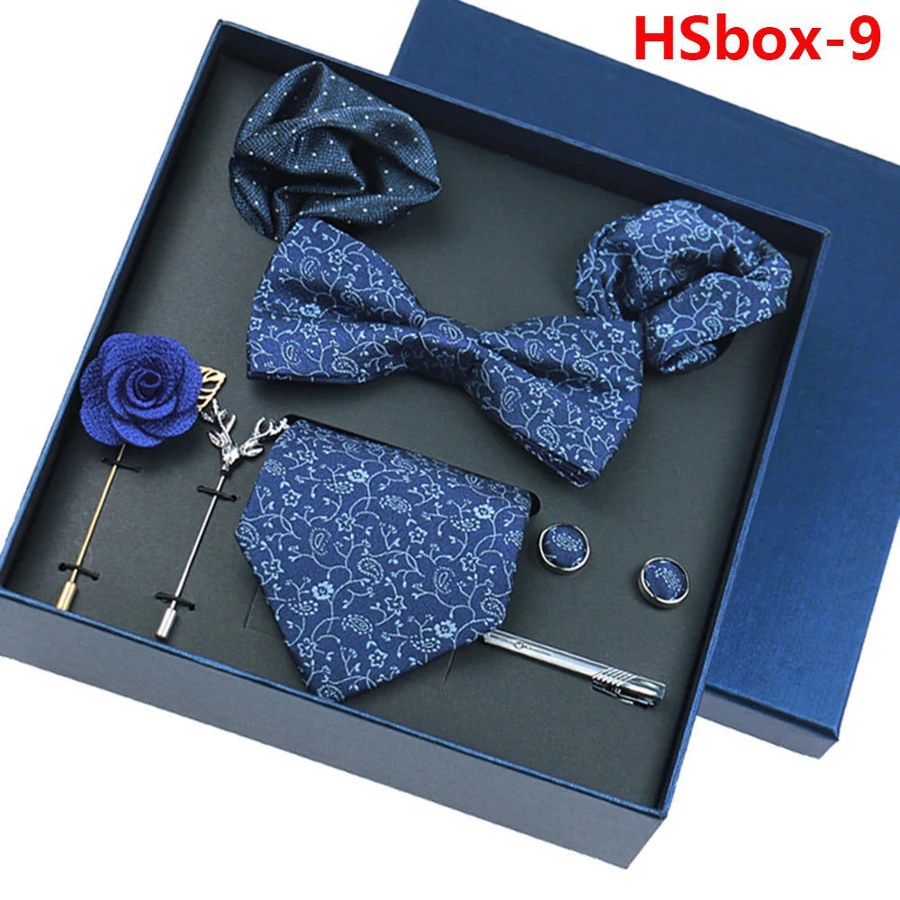 Set Bussiness Blue Ties For Mans Floral Brooches Pin Cufflinks Tie Clips Butterfly Bowtie Wedding Accessori Gift Box Set