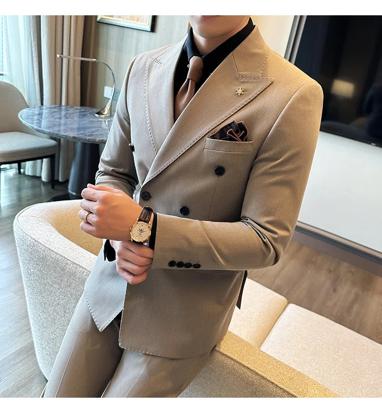 (Jacket + Trousers) Fashion Double Breasted Design Slim Men's Suit Italian Style Luxury Wedding Social Party Tuxedo 2 Piece Sets