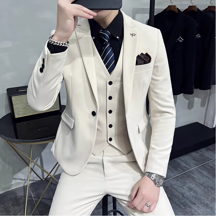 (Jacket +Vest+Pants) 2024 New Mens Wedding Suits Groom Solid Color Formal Office Business Slim Fit Suit Tuxedos 3-Pieces Set