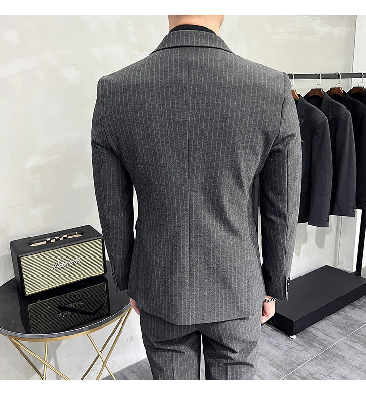 in black Fashion New Men's Boutique Business Slim Wedding Striped Double Breasted Suit Blazers Jacket Pants Trousers Vest 3 Pcs Set