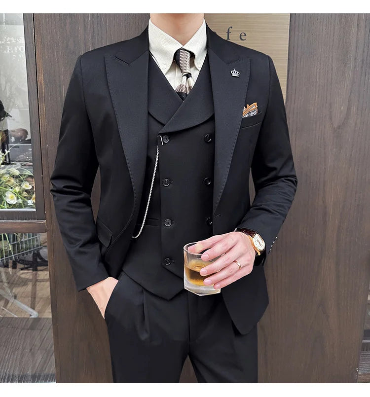 (Jackets+Pants+Vest) High Quality Men Slim Fit Party Tuxedos 3 Pieces Fashion Double Breasted Vest Design Wedding Social Suit