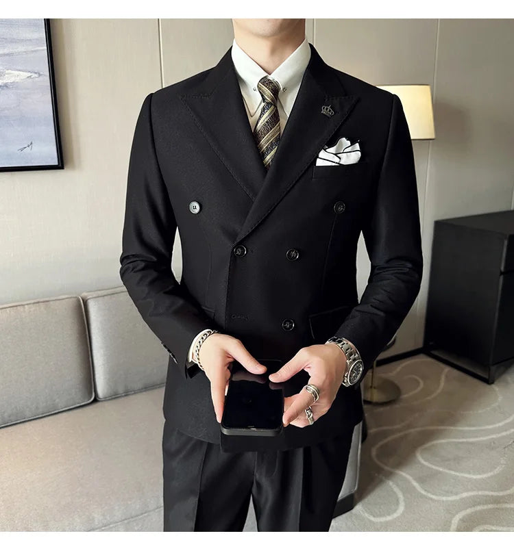 (Jackets+Pant) Latest Design Double Breasted Men Suit Dark green Groom Wedding Stage Tuxedo Man Slim Fit Business Social Suits