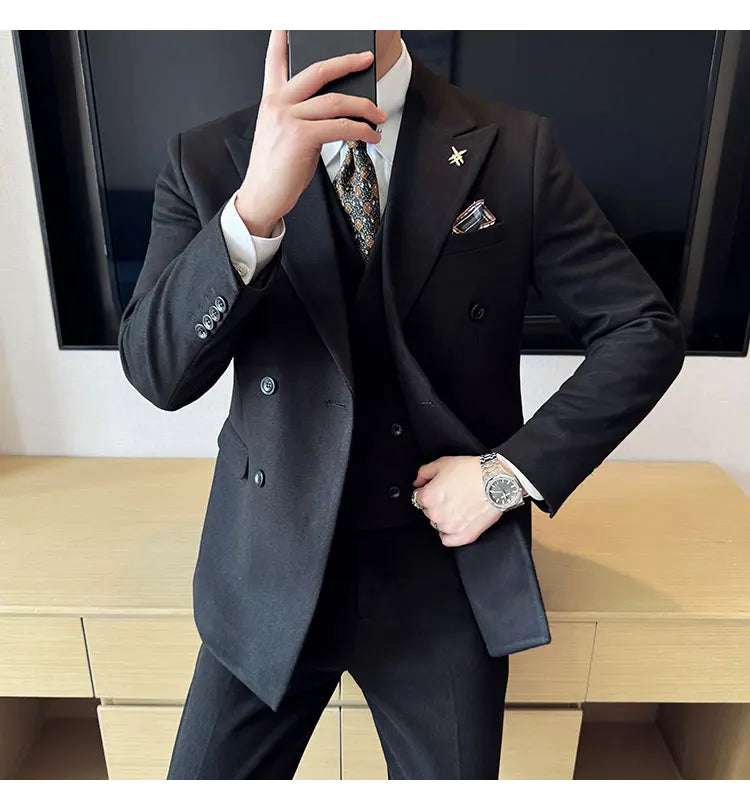 (Jacket+Vest+Pant) Autumn Winter Thickened Woolen Suit  New High Quality Slim Business Tuxedo Fashion Wedding Social Suits