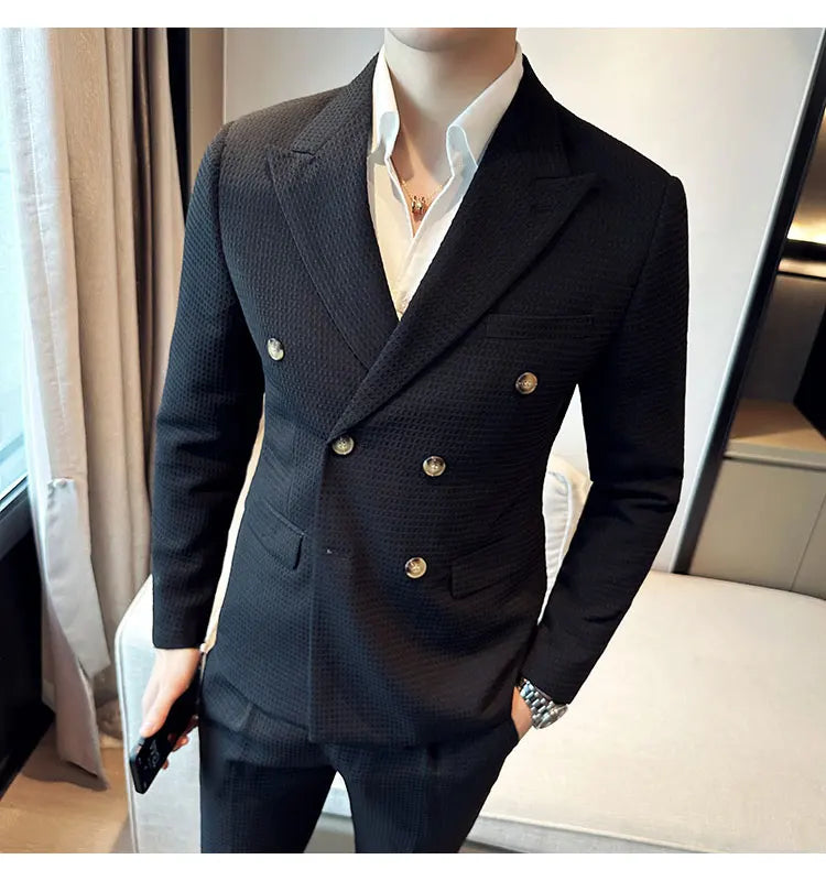 ( Jacket + Pant )Double-breasted Waffle Business Suit Men Wedding Prom Party Blazers and Trouser Homme Slim Fit Tuxedo Dress Set