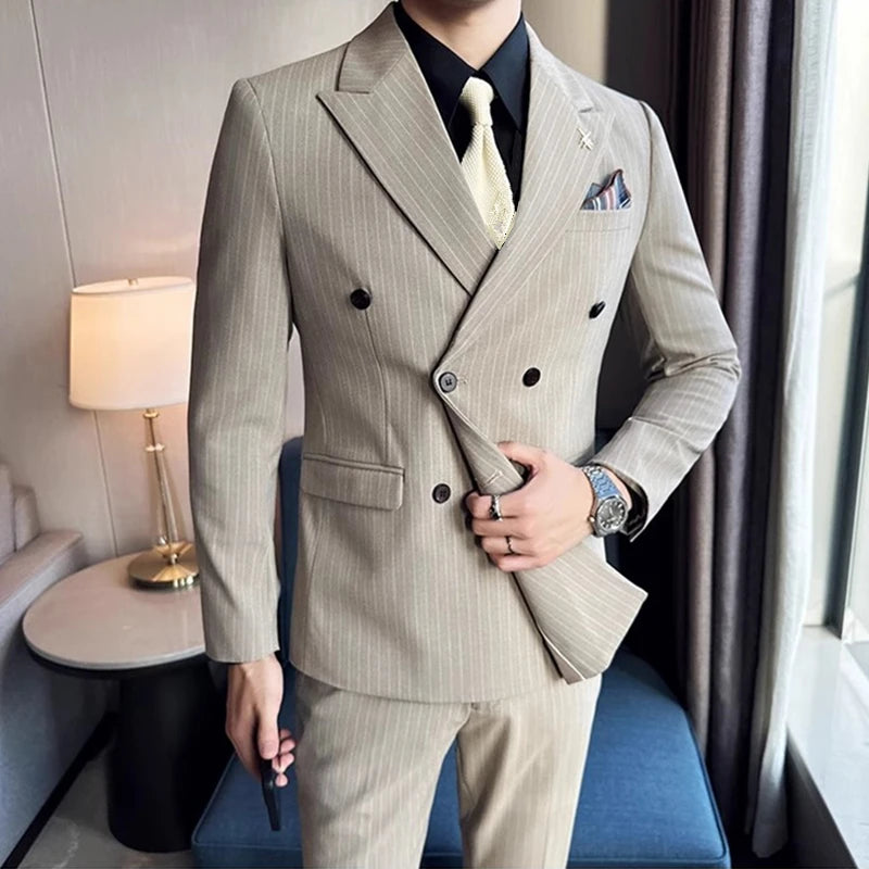 in black Fashion New Men's Boutique Business Slim Wedding Striped Double Breasted Suit Blazers Jacket Pants Trousers Vest 3 Pcs Set