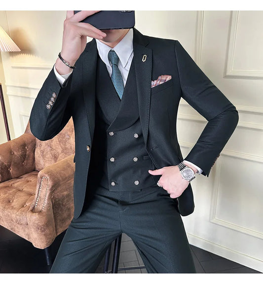 (Jackets+Pants+Vest) High Quality Men Slim Fit Party Tuxedos 3 Pieces Fashion Double Breasted Vest Design Business Wedding Suit