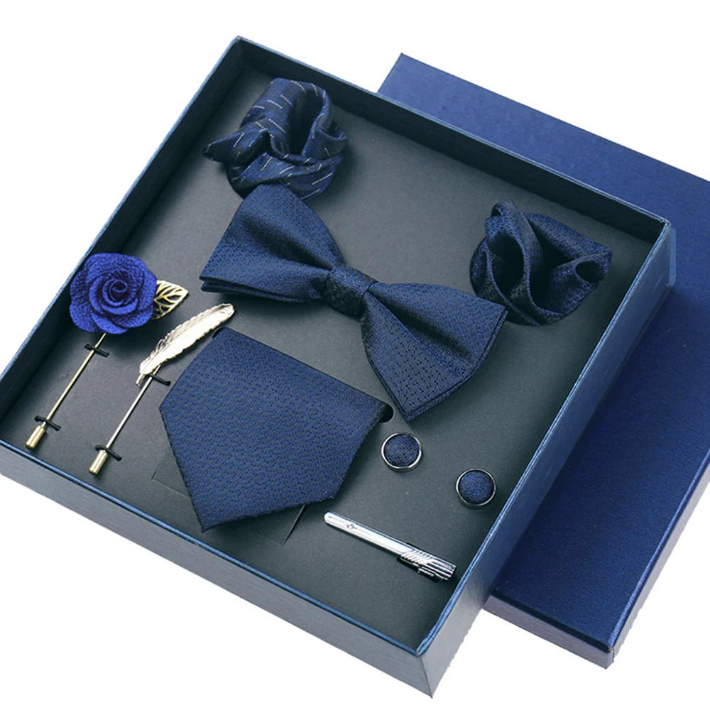 Set Bussiness Blue Ties For Mans Floral Brooches Pin Cufflinks Tie Clips Butterfly Bowtie Wedding Accessori Gift Box Set