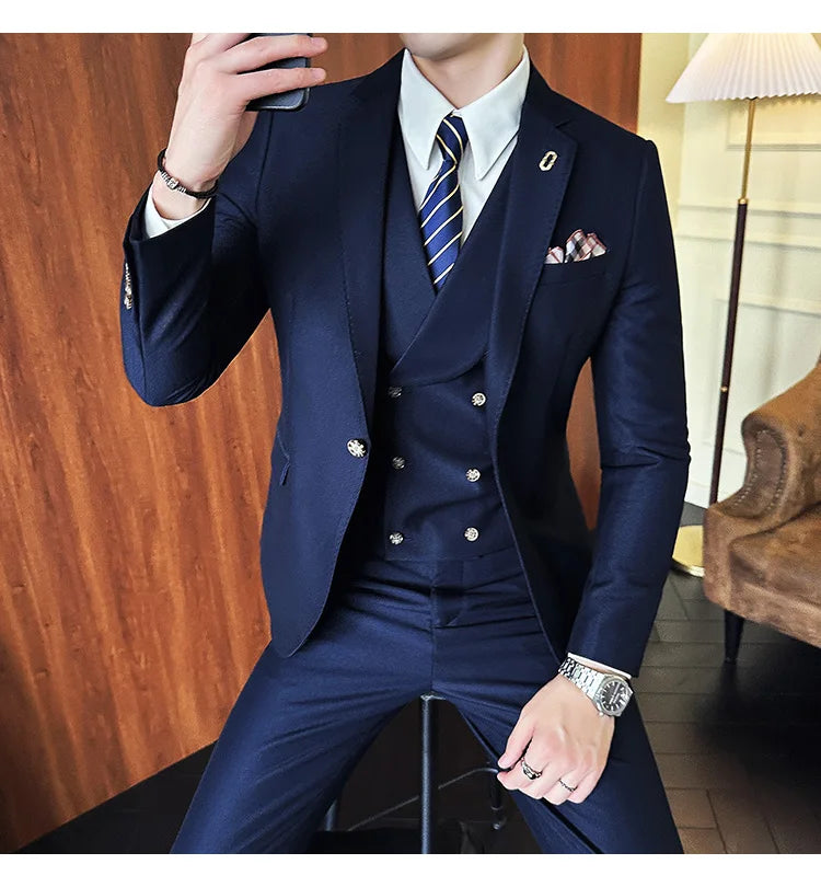 (Jackets+Pants+Vest) High Quality Men Slim Fit Party Tuxedos 3 Pieces Fashion Double Breasted Vest Design Business Wedding Suit