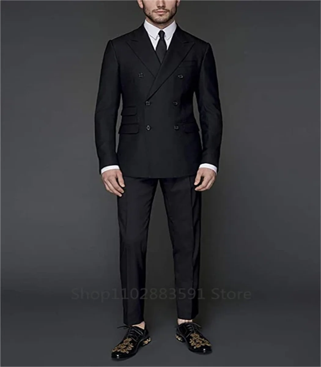 2 Pieces Fashion Peak Lapel Black Men Wedding Prom Dress Suits Double Breasted 2 Slits Men Suits Groom Party Tuxedo Set