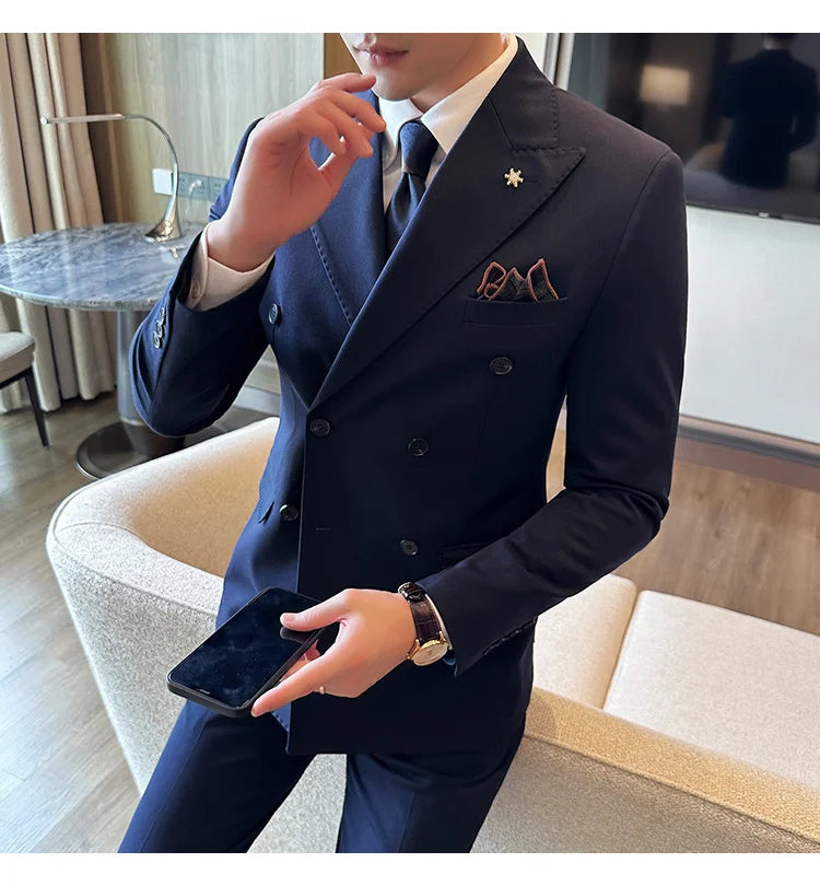 (Jacket + Trousers) Fashion Double Breasted Design Slim Men's Suit Italian Style Luxury Wedding Social Party Tuxedo 2 Piece Sets