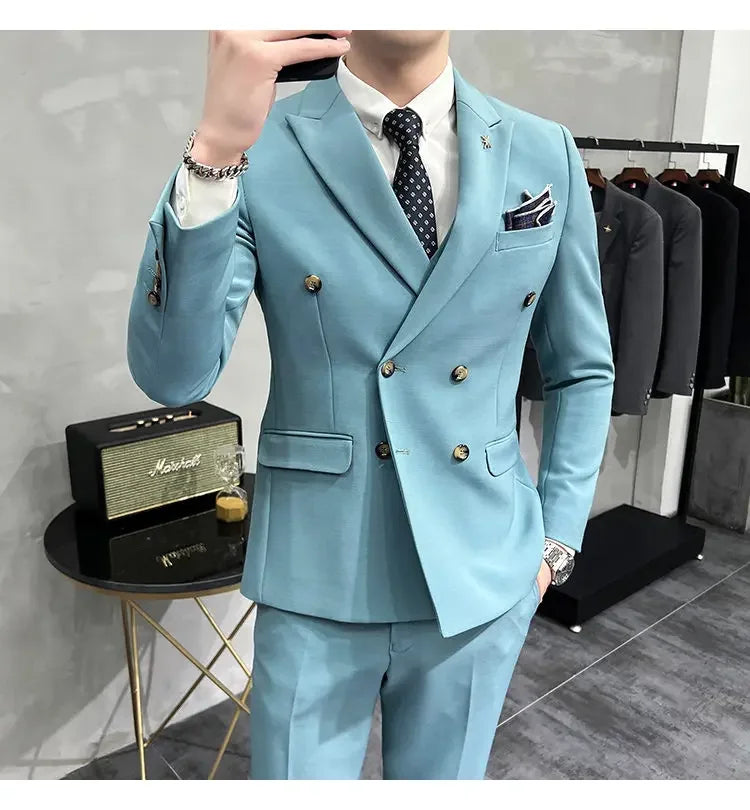 ( Jacket + Pants ) Brand Solid Color Formal Casual Business Office Double Buttons Suit Two-pcs Set Groom Wedding Dress Party