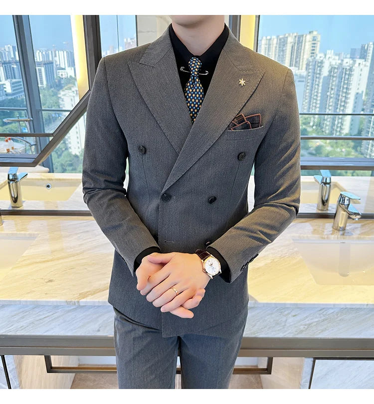 (Jacket + Trousers) Fashion Double Breasted Design Slim Men's Suit Italian Style Luxury Wedding Social Party Tuxedo 2 Piece Sets